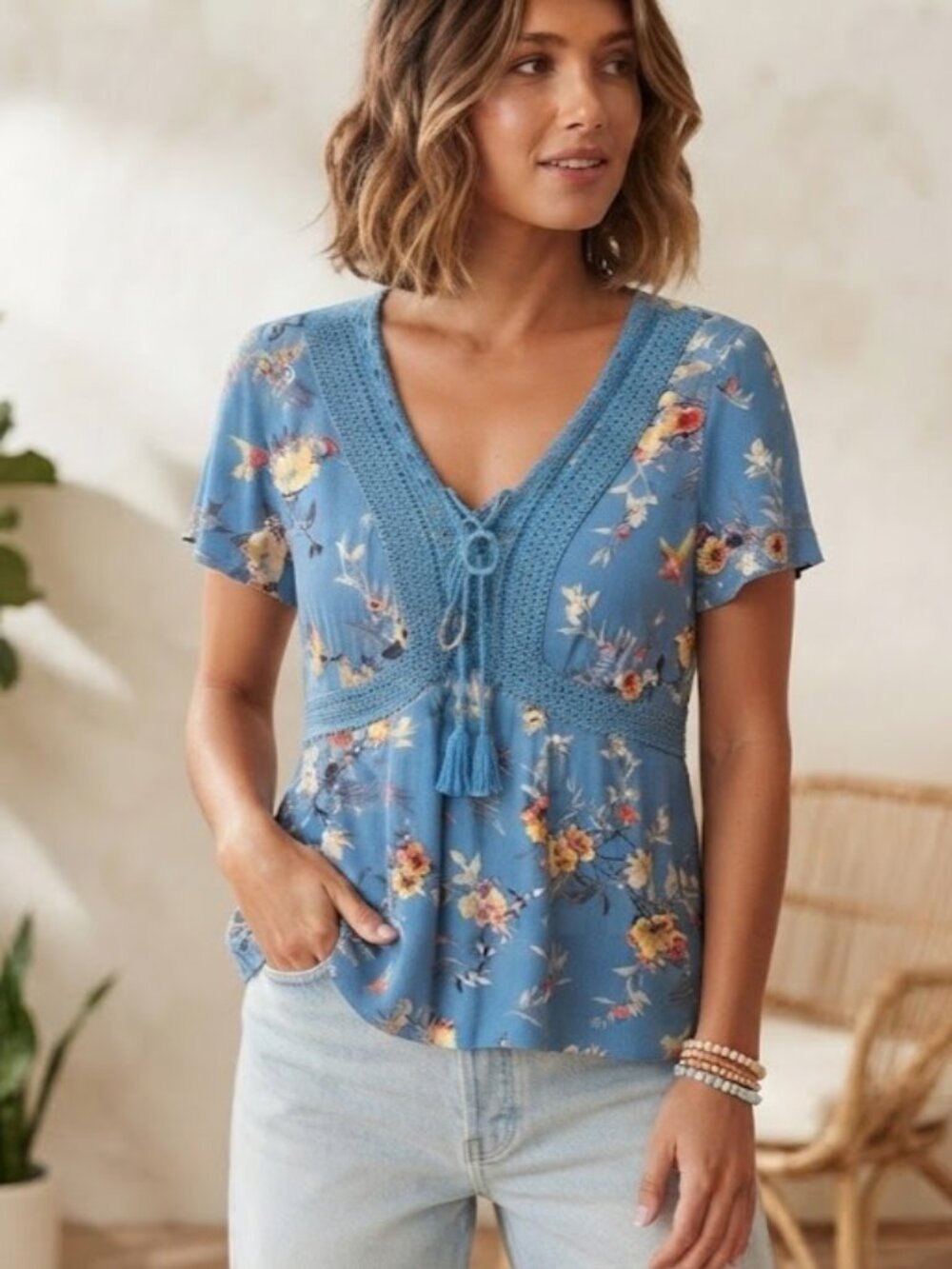 Blue Floral Lace-Trim Peasant Top Blouse